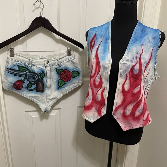 No Trespassing - Customized Other - Vintage 80s Guns N Roses Airbrush Booty Short Denim Vest Set J. Neyrot Miami Art